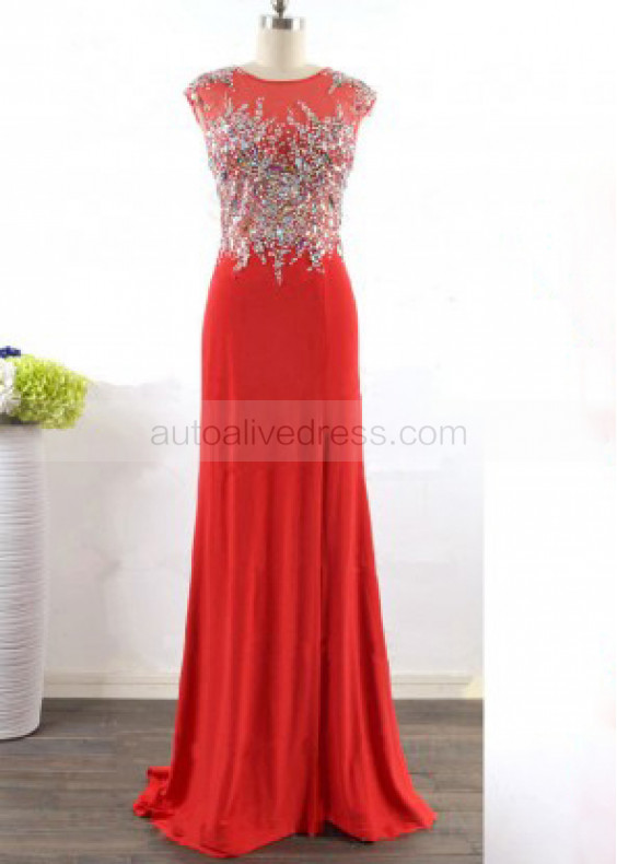 Beaded Red Chiffon Keyhole Back Gorgeous Evening Dress